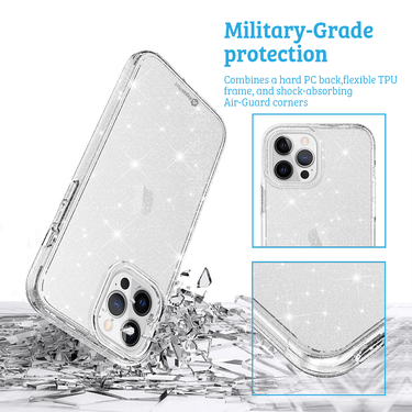 iPhone 15 Plus Heavy Duty Shiny Glitter Clear Case Cover - Scratch Resistant, Wireless Charging Compatible, Screen & Camera Lens Protection- Transparent